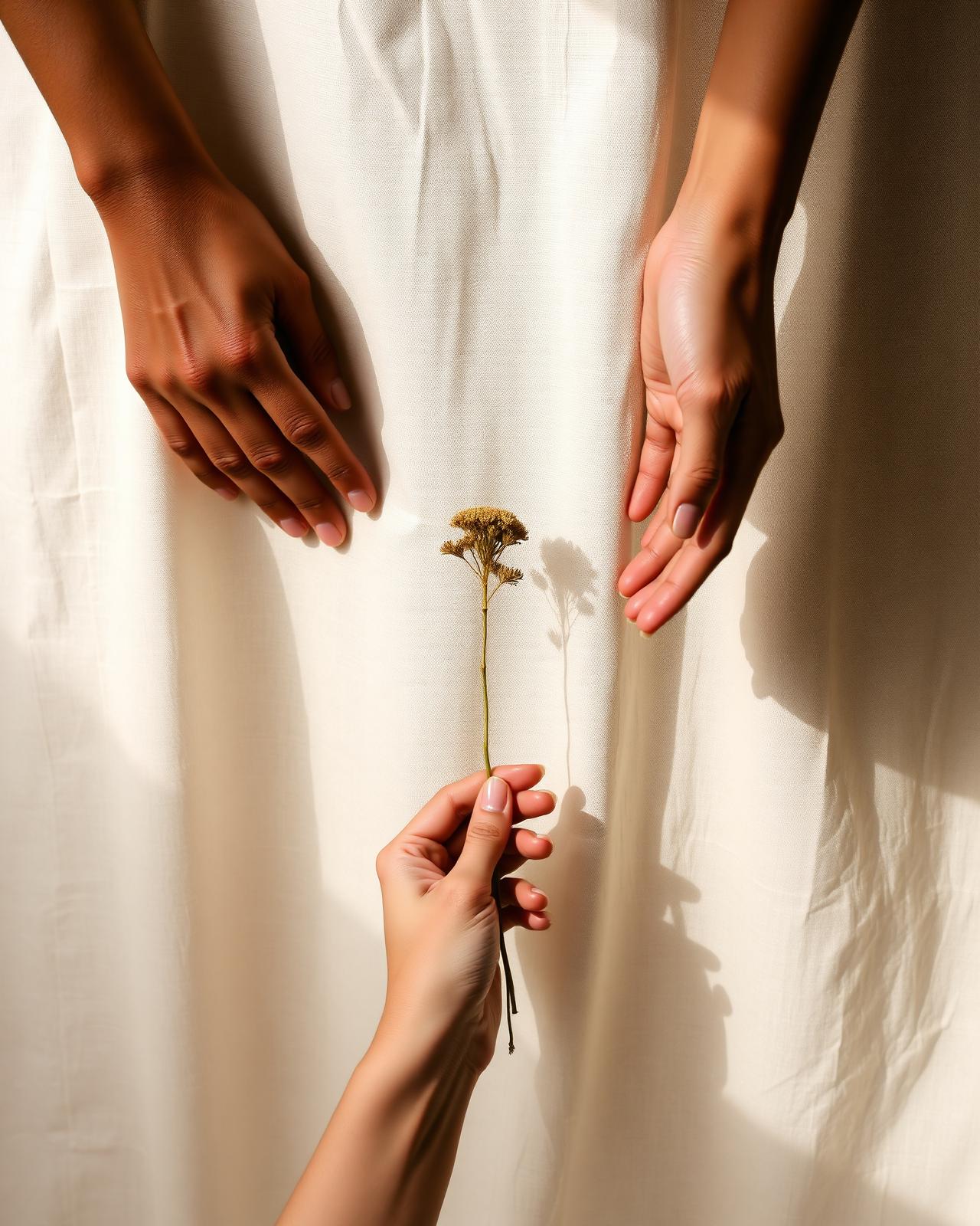 Hands gently holding a single dried wild flower