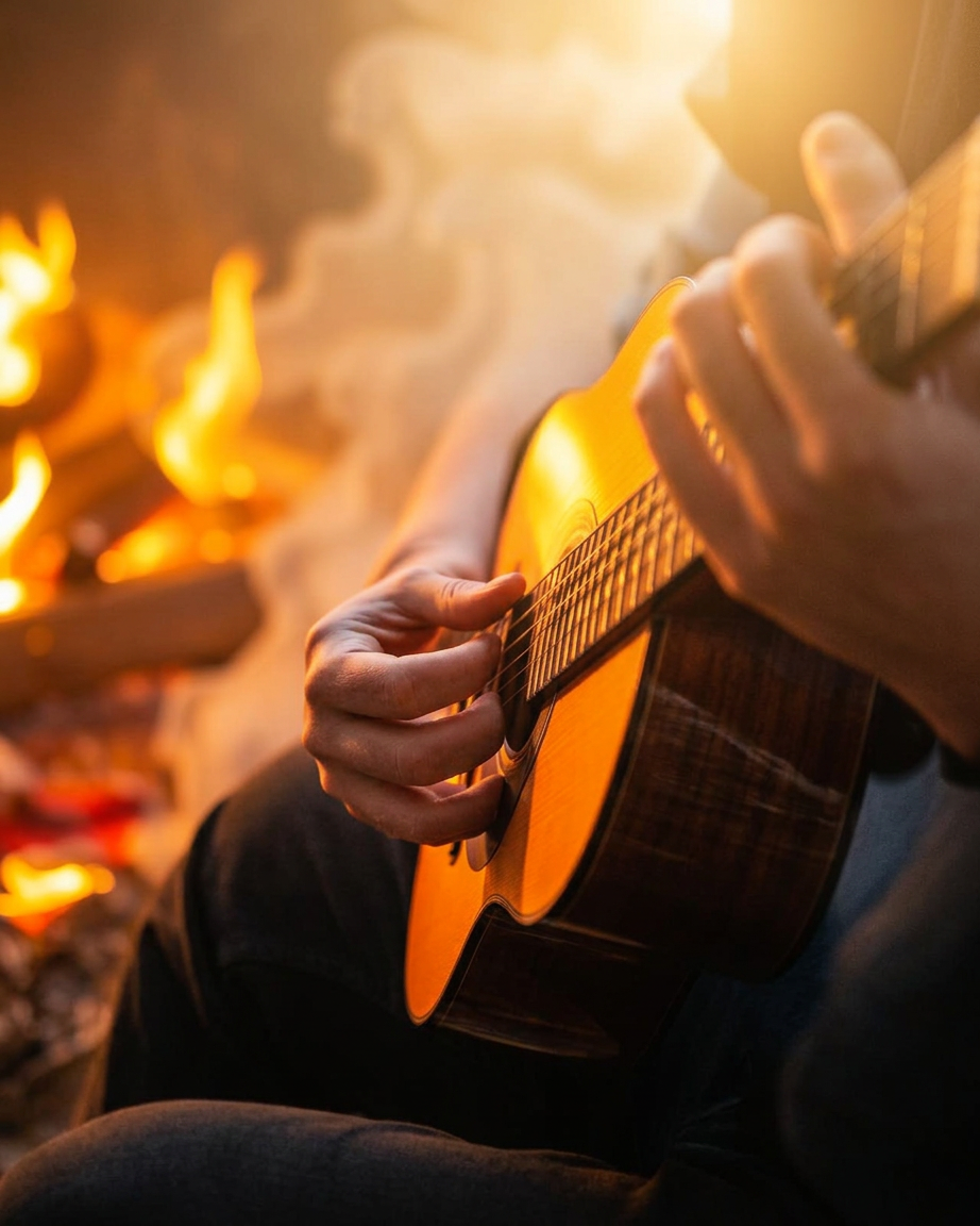 Hands playing acoustic guitar by firelight